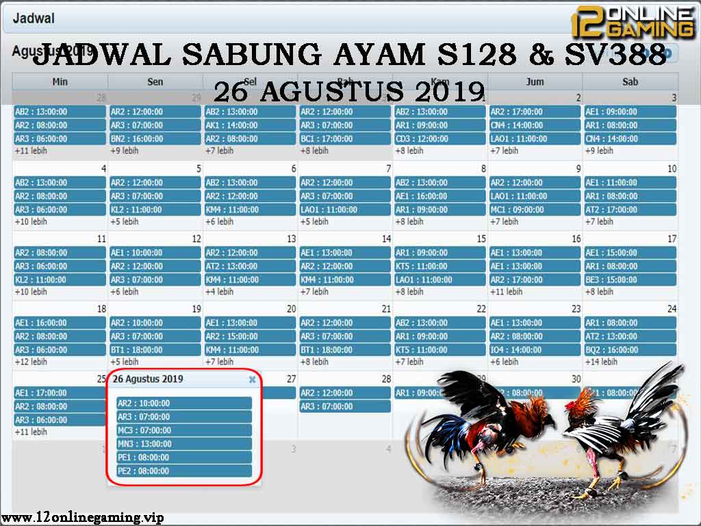 Jadwal Sabung Ayam S128 Dan SV388 26 Agustus 2019